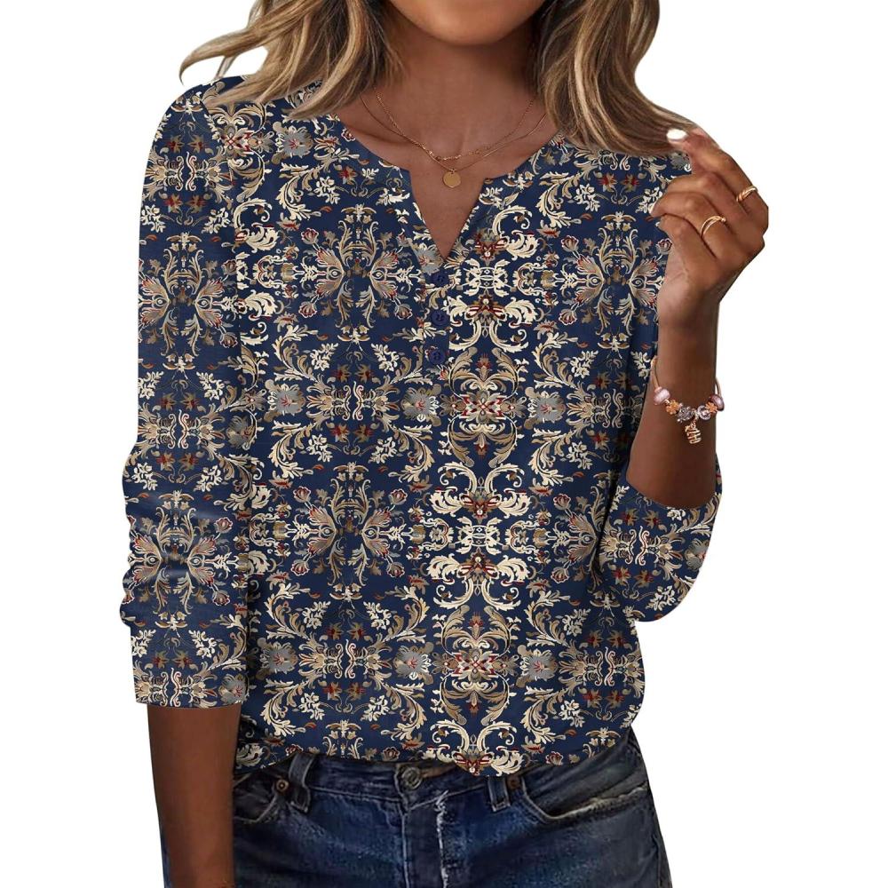 imageZeagoo Long Sleeve Shirts for Women Casual V Neck Fall Tops Dressy Summer Work Blouses ClothesNavy Floral 869