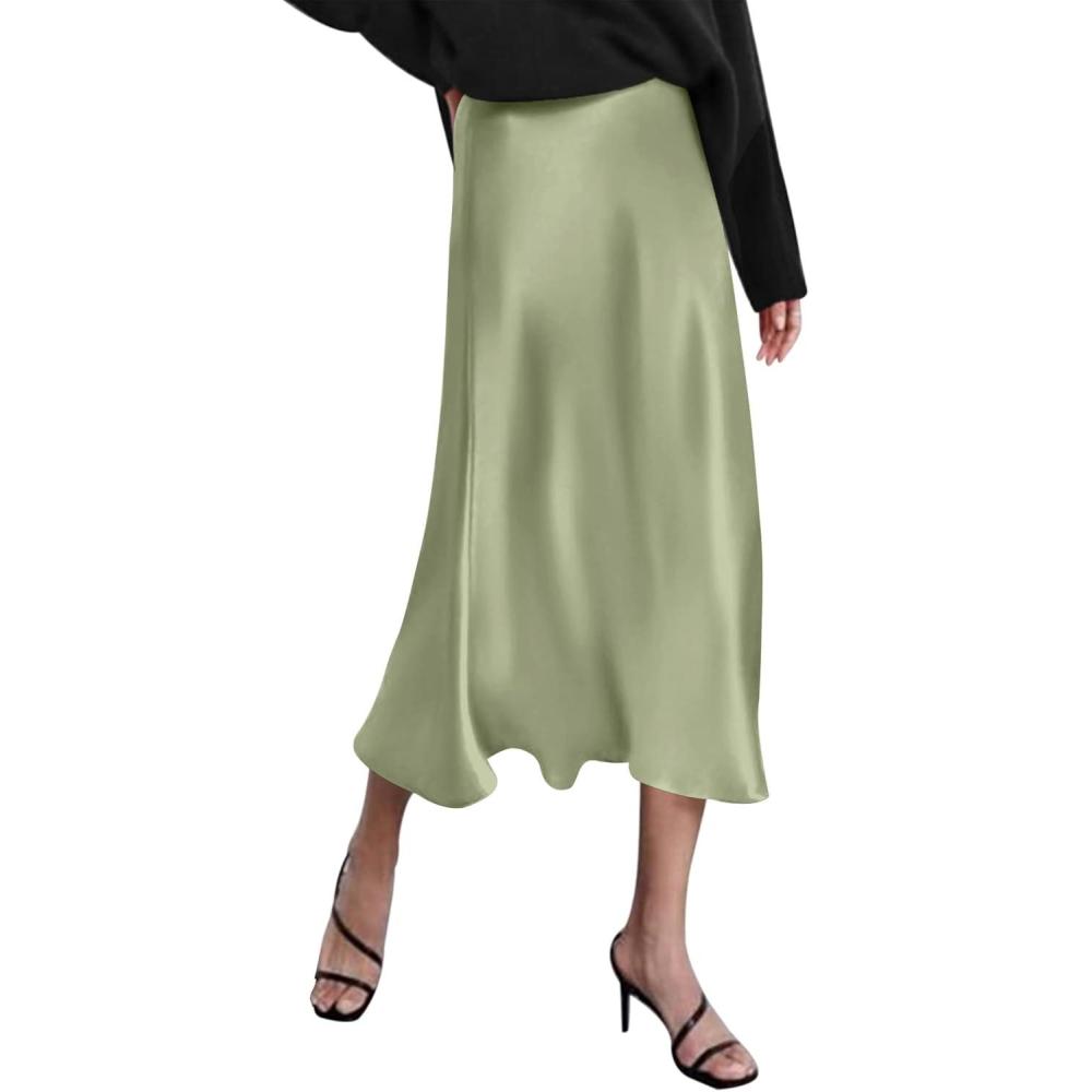 imageZeagoo Skirts for Women High Waist Skirt Elegant Midi Skirt SatinApple Green