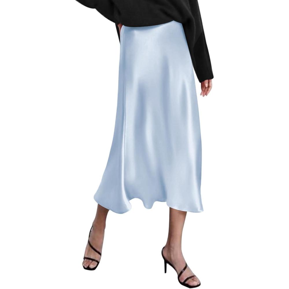 imageZeagoo Skirts for Women High Waist Skirt Elegant Midi Skirt SatinBaby Blue