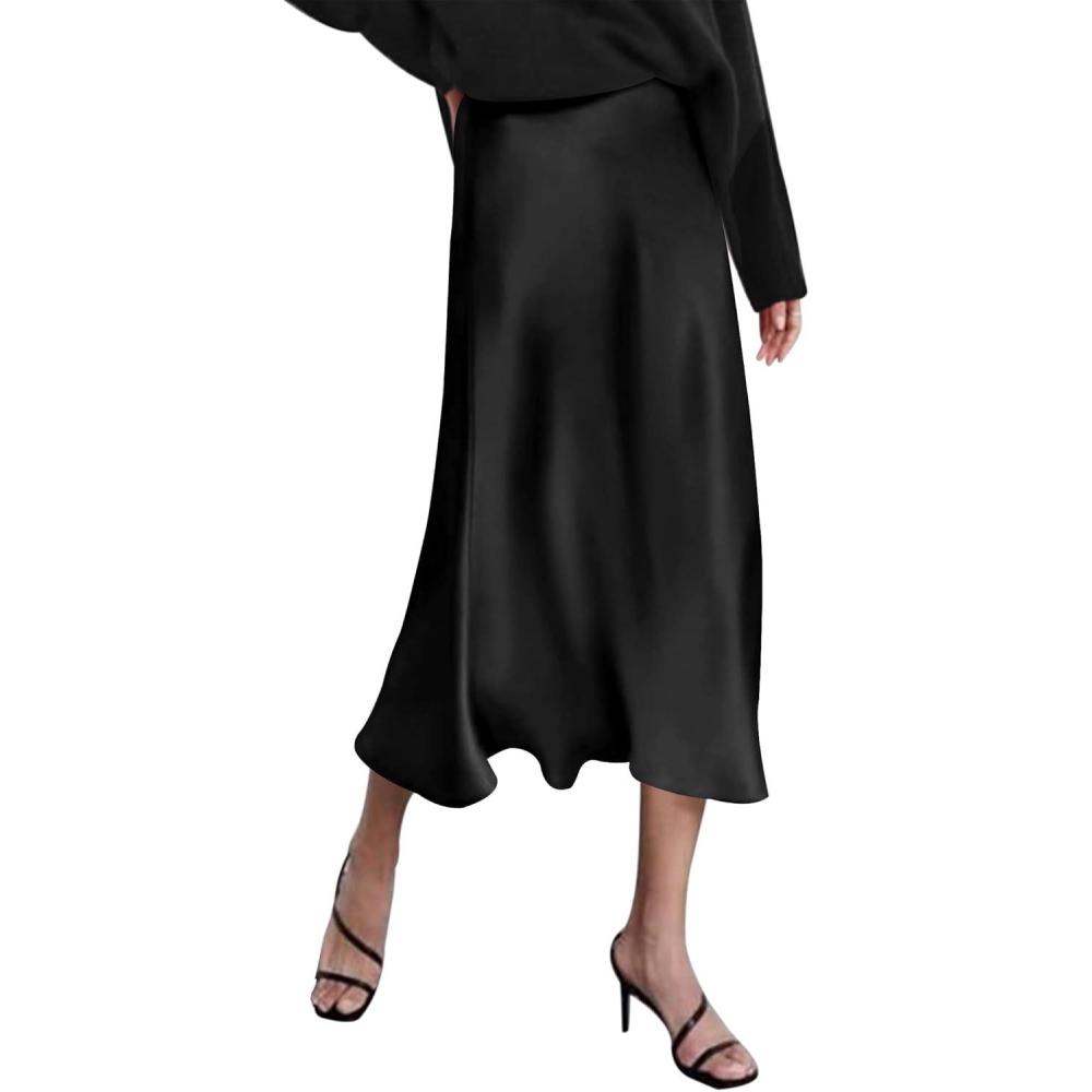 imageZeagoo Skirts for Women High Waist Skirt Elegant Midi Skirt SatinBlack