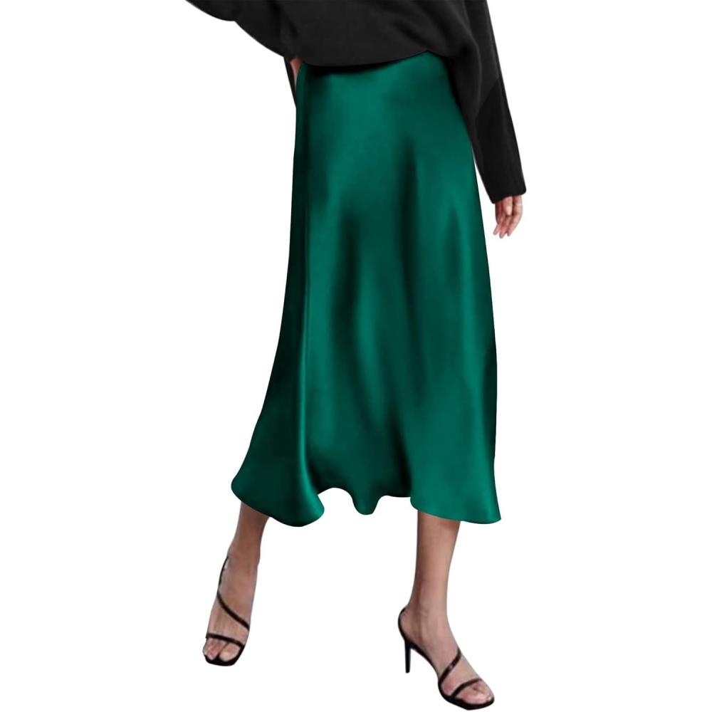 imageZeagoo Skirts for Women High Waist Skirt Elegant Midi Skirt SatinGreen