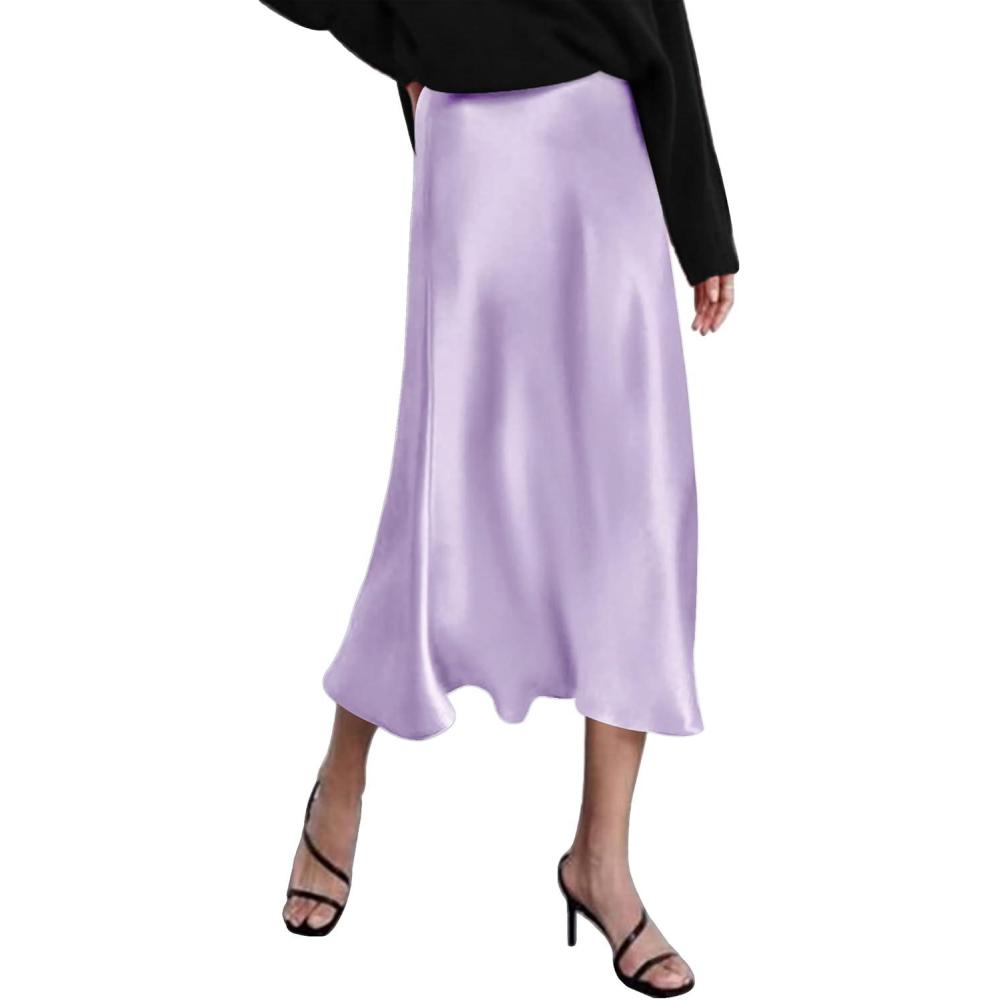 imageZeagoo Skirts for Women High Waist Skirt Elegant Midi Skirt SatinLilac