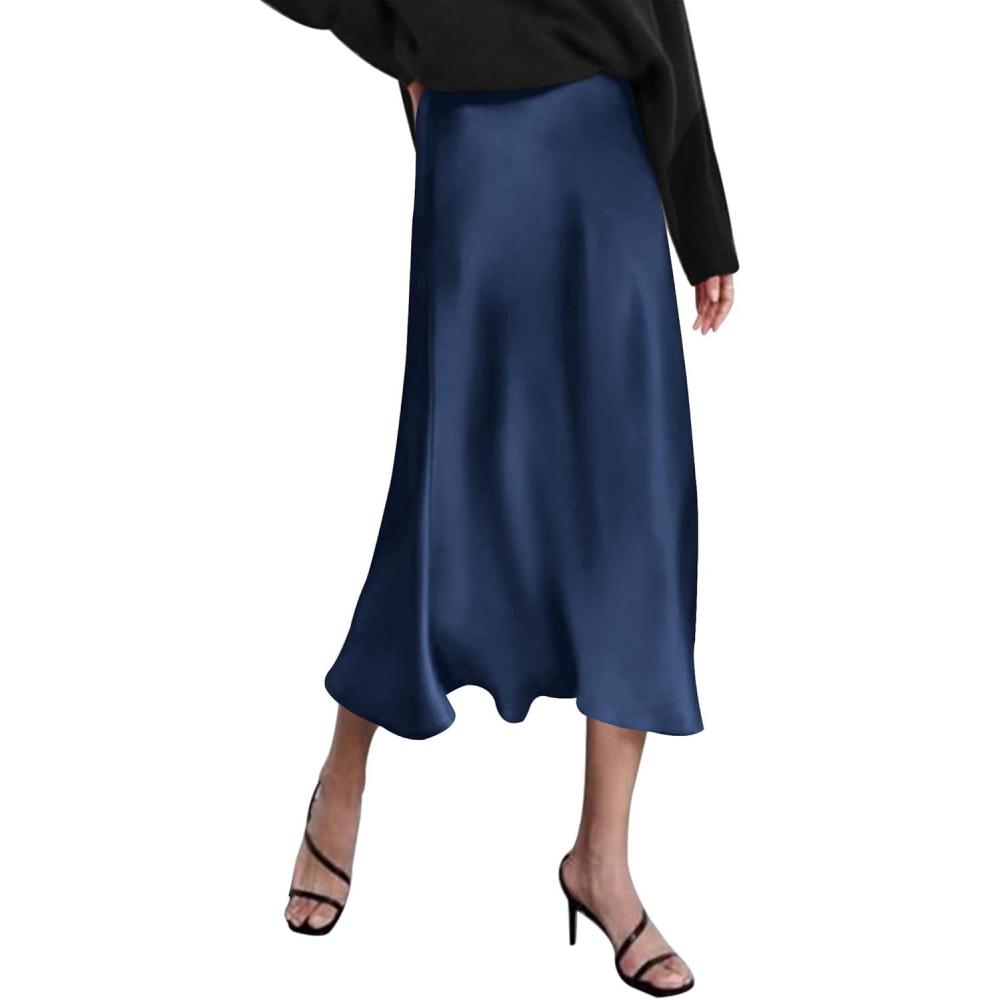 imageZeagoo Skirts for Women High Waist Skirt Elegant Midi Skirt SatinNavy Blue