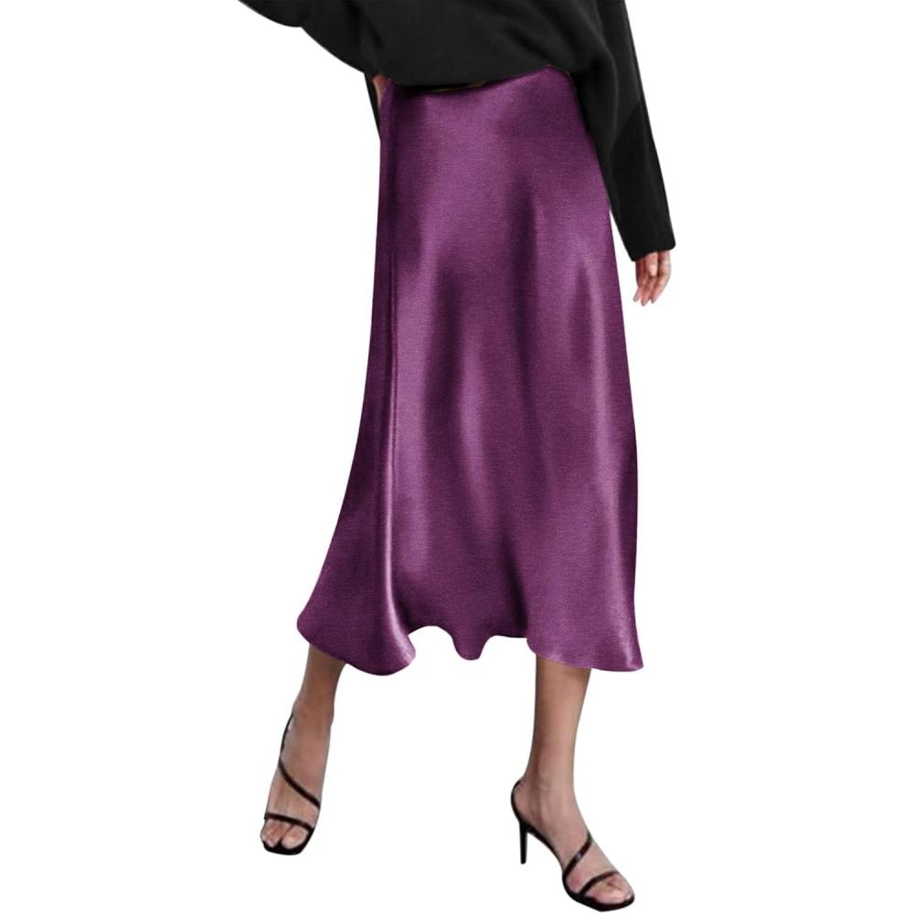 imageZeagoo Skirts for Women High Waist Skirt Elegant Midi Skirt SatinPurple01