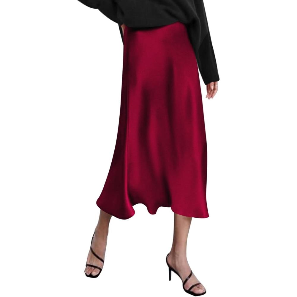 imageZeagoo Skirts for Women High Waist Skirt Elegant Midi Skirt SatinWine Red