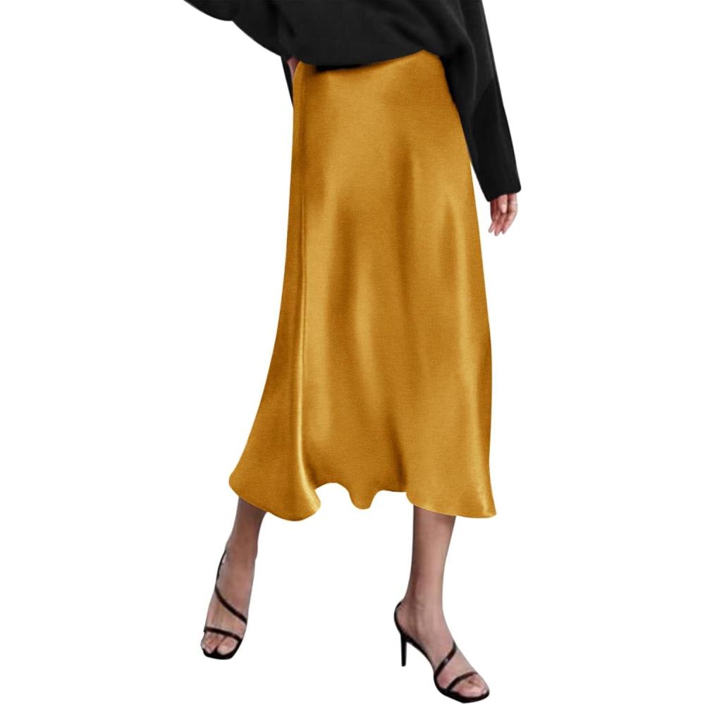 imageZeagoo Skirts for Women High Waist Skirt Elegant Midi Skirt SatinYellow