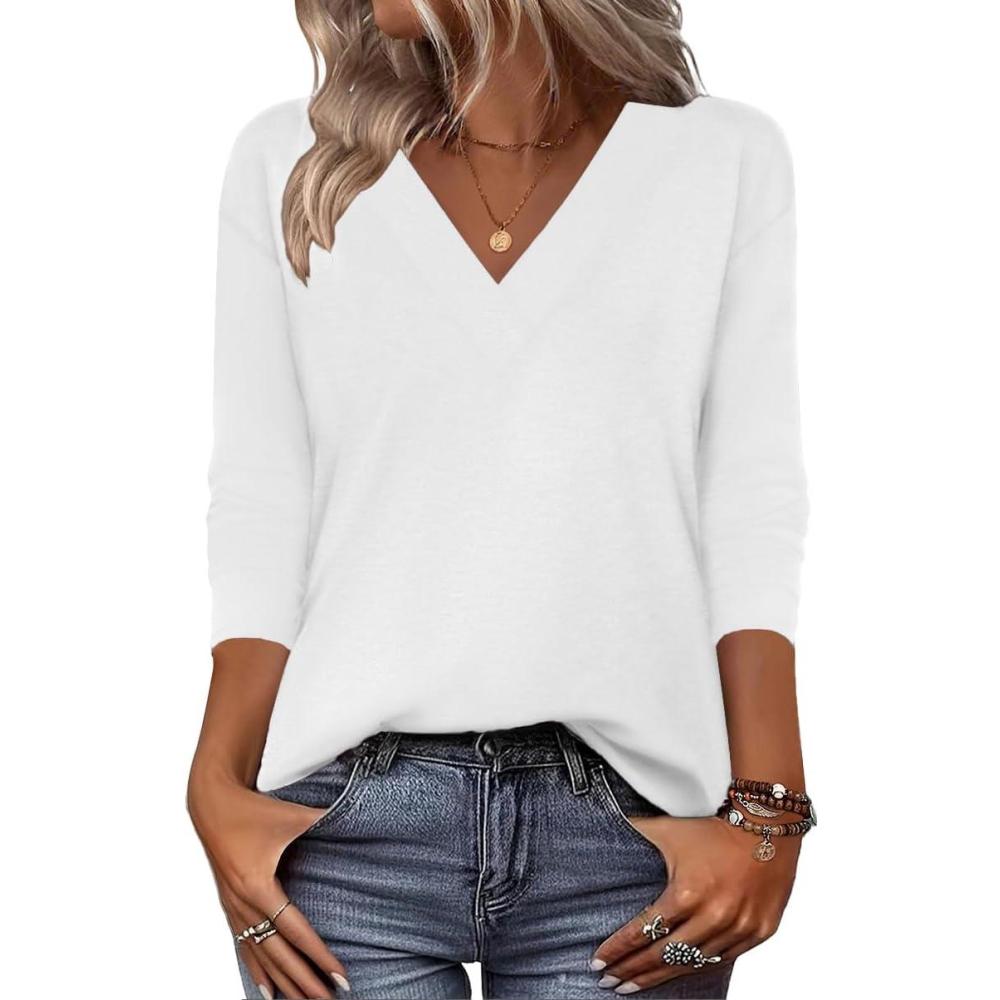 imageZeagoo Women Long Sleeve Tops Dressy Casual V Neck Tshirts Basics Tee 2025 Fall Trendy Clothes S2XLWhite