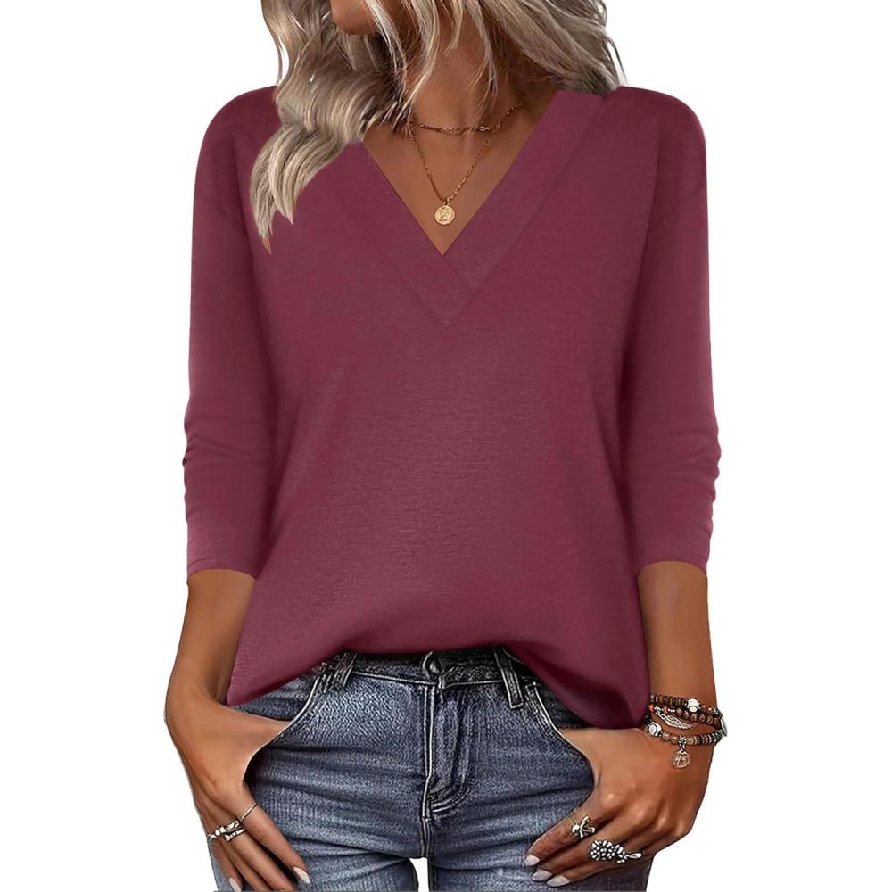 imageZeagoo Women Long Sleeve Tops Dressy Casual V Neck Tshirts Basics Tee 2025 Fall Trendy Clothes S2XLWine Red