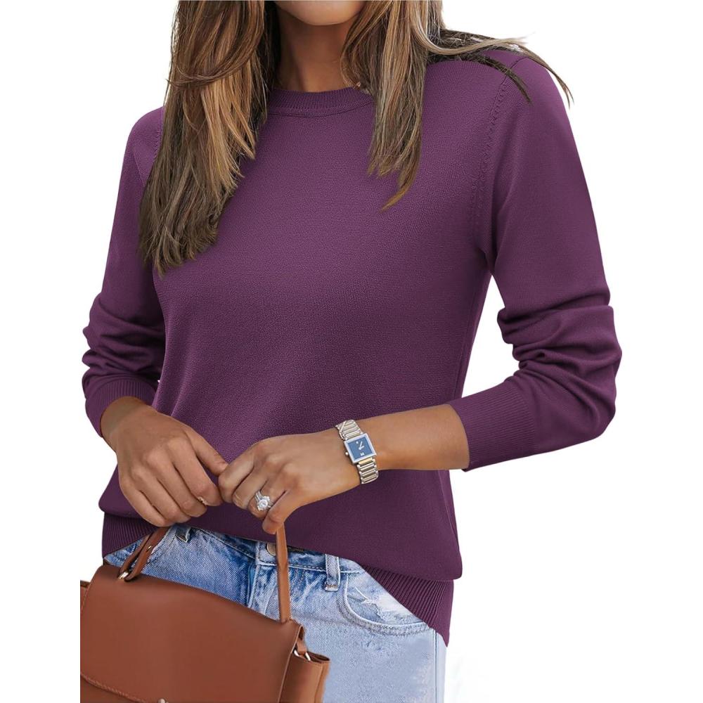 imageZeagoo Womens 2026 Fall Sweaters Long Sleeve Tops Classic Crew Neck Pullover Sweaters Loose Dressy Casual Basic ClothesDark Purple