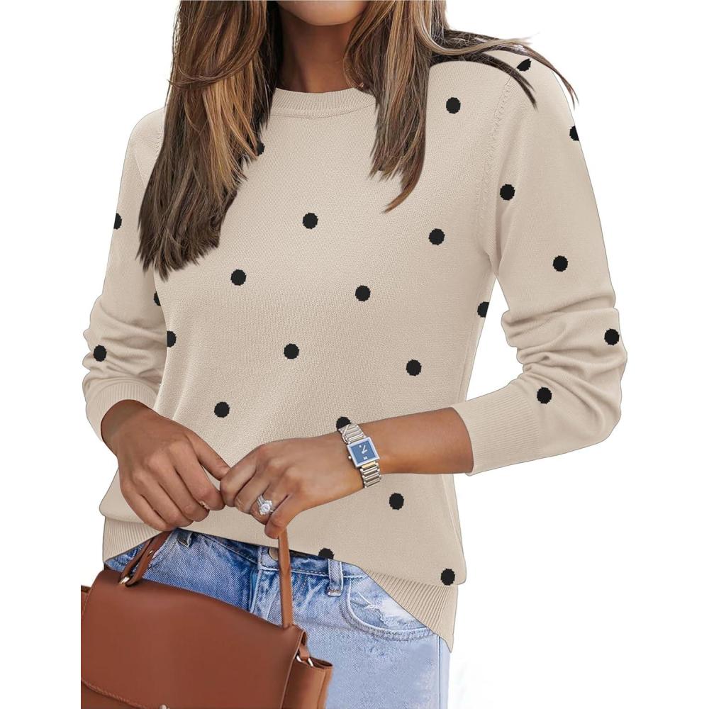 imageZeagoo Womens 2026 Fall Sweaters Long Sleeve Tops Classic Crew Neck Pullover Sweaters Loose Dressy Casual Basic ClothesPolka Dotkhaki