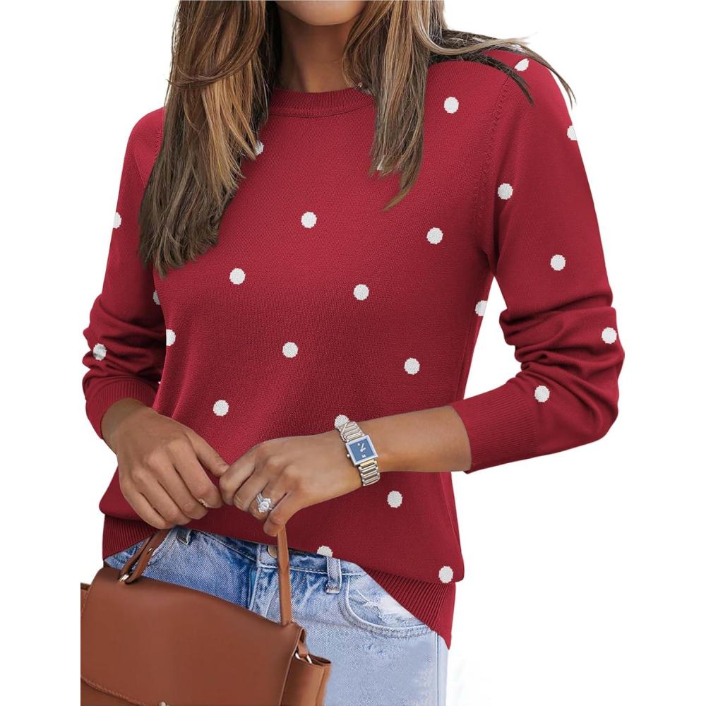 imageZeagoo Womens 2026 Fall Sweaters Long Sleeve Tops Classic Crew Neck Pullover Sweaters Loose Dressy Casual Basic ClothesPolka Dotred