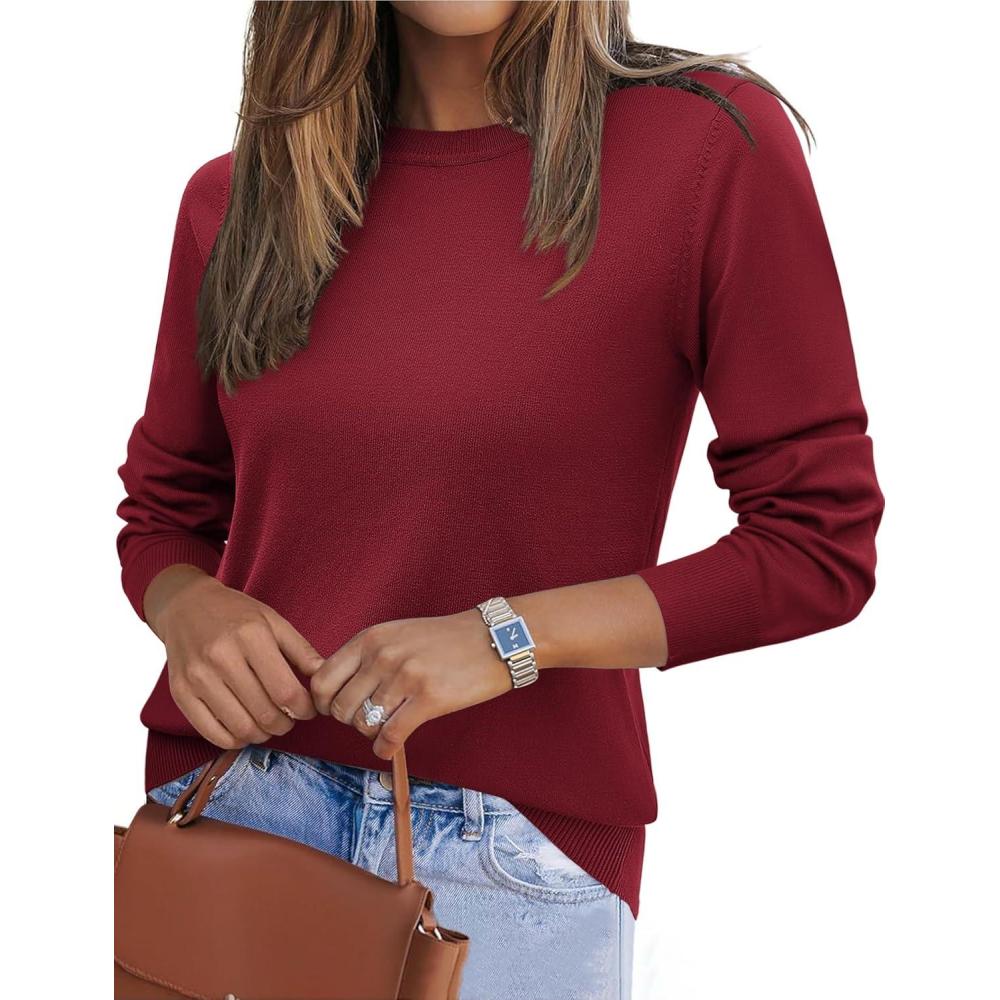 imageZeagoo Womens 2026 Fall Sweaters Long Sleeve Tops Classic Crew Neck Pullover Sweaters Loose Dressy Casual Basic ClothesWine Red
