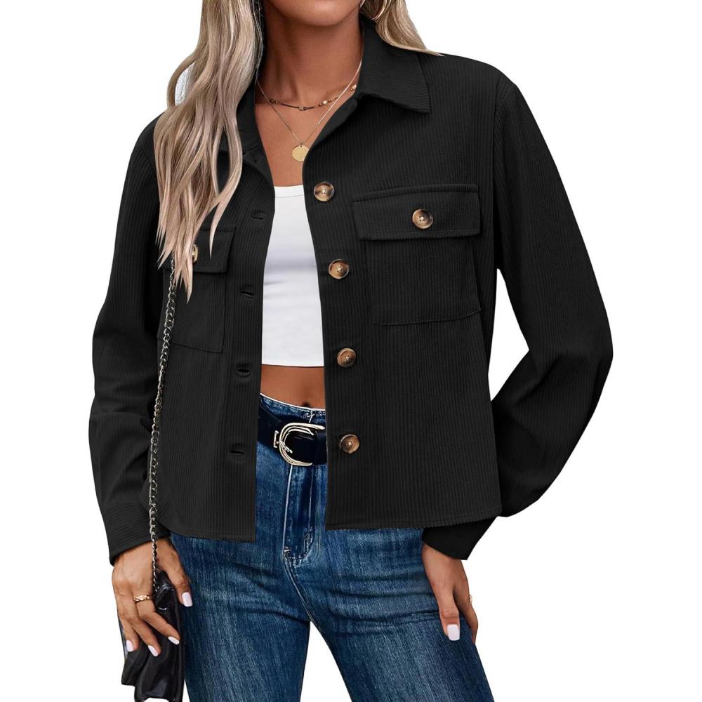 imageZeagoo Womens Fashion Cropped Corduroy Shackets Button Down Jackets Tops Fall Trendy Lightweight Long Sleeve Shirts