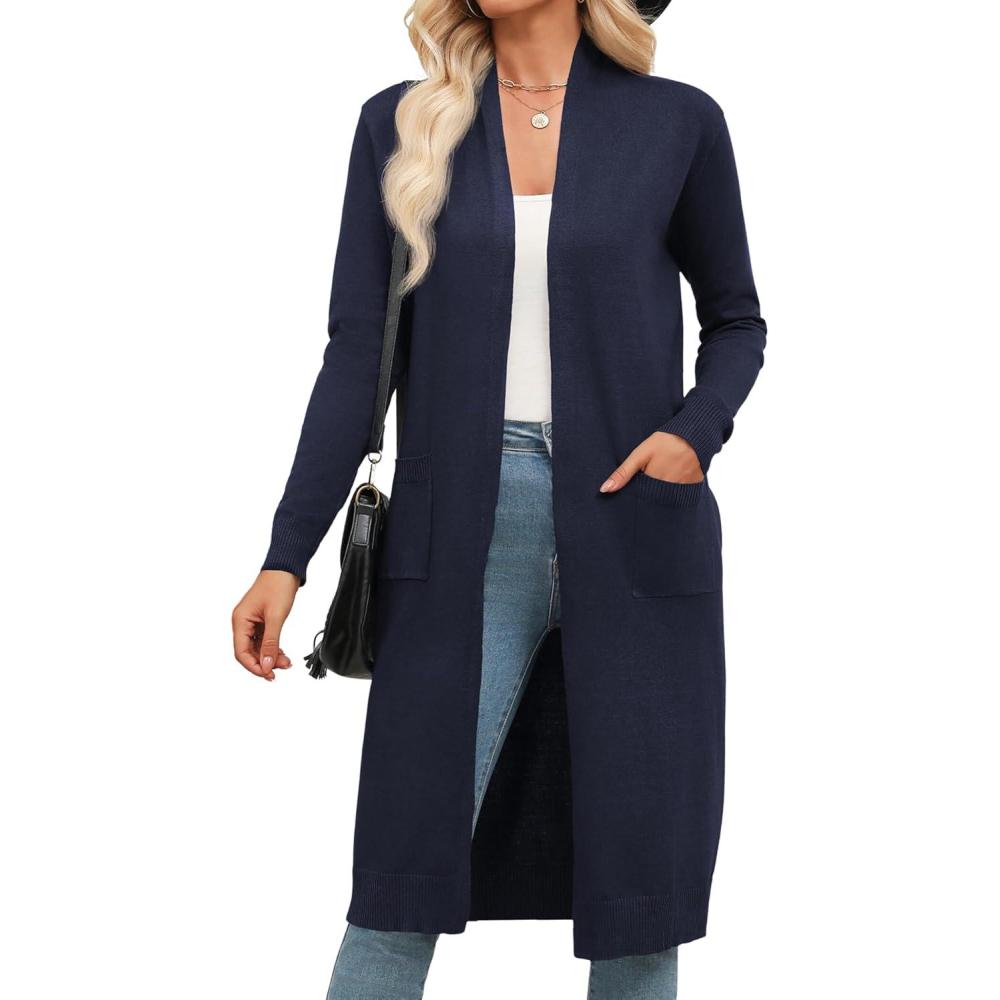 imageZeagoo Womens Long Cardigan Sweaters Lightweight Sweater Long Sleeve Open Front Casual Knit Duster Cardigans with PocketAnavy Blue
