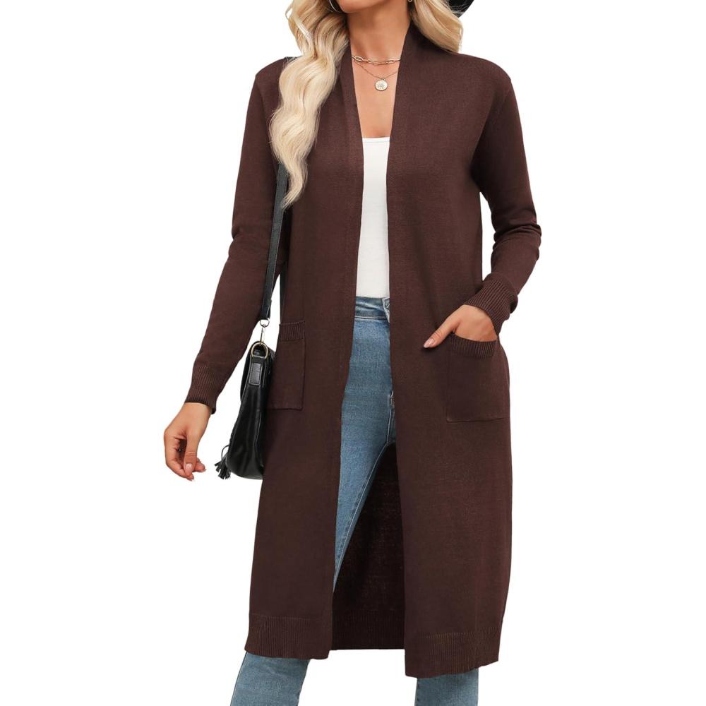 imageZeagoo Womens Long Cardigan Sweaters Lightweight Sweater Long Sleeve Open Front Casual Knit Duster Cardigans with PocketBrown