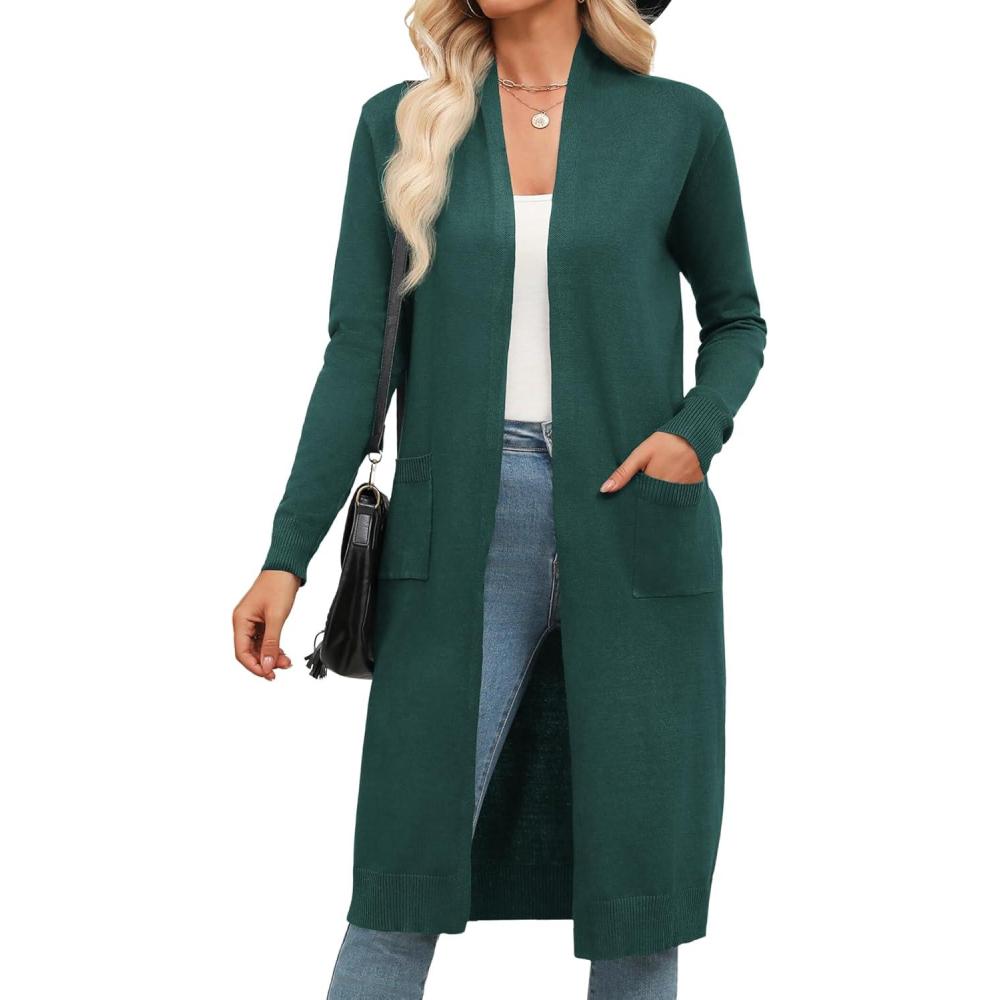 imageZeagoo Womens Long Cardigan Sweaters Lightweight Sweater Long Sleeve Open Front Casual Knit Duster Cardigans with PocketGreen