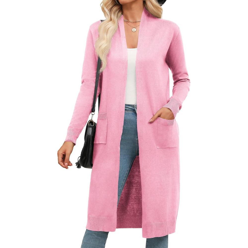 imageZeagoo Womens Long Cardigan Sweaters Lightweight Sweater Long Sleeve Open Front Casual Knit Duster Cardigans with PocketPink