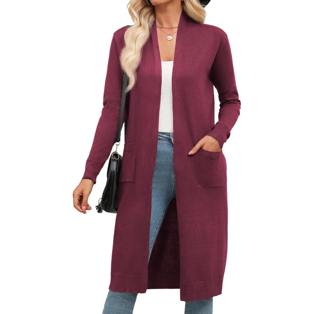 imageZeagoo Womens Long Cardigan Sweaters Lightweight Sweater Long Sleeve Open Front Casual Knit Duster Cardigans with PocketWine Red