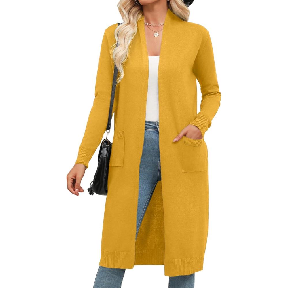 imageZeagoo Womens Long Cardigan Sweaters Lightweight Sweater Long Sleeve Open Front Casual Knit Duster Cardigans with PocketYellow