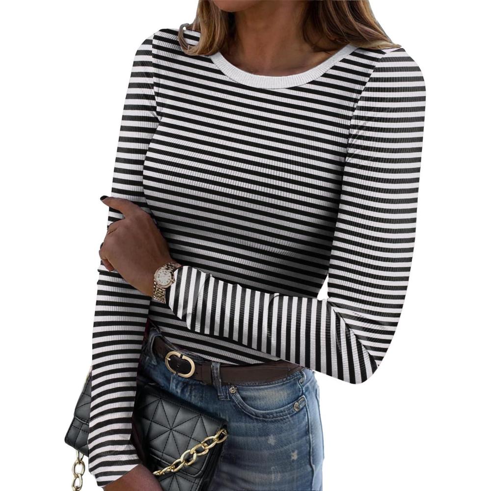 imageZeagoo Womens Long Sleeve Stretch Crewneck Ribbed TShirt Slim Fit Casual Basic Tops SXXLBlack Stripe