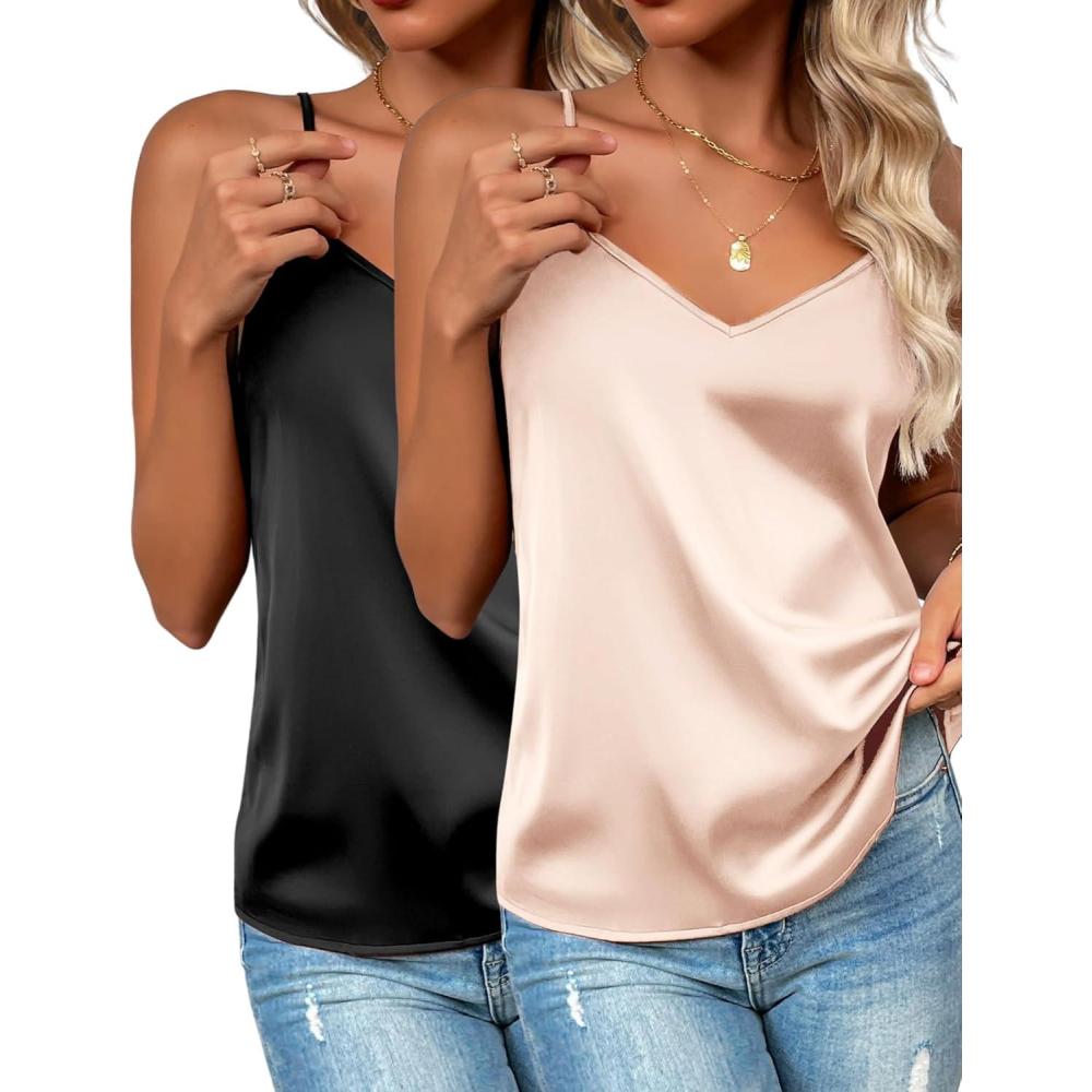 imageZeagoo Womens Silk Satin Tank Tops 2026 V Neck Adjustable Spaghetti Strap Sleeveless Camisole Summer Basic Blouse2 Pack Blackchampagne