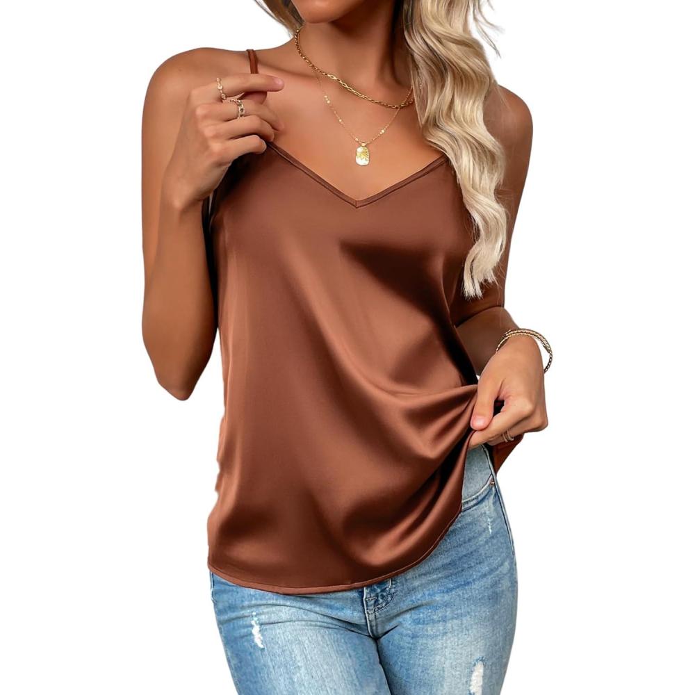imageZeagoo Womens Silk Satin Tank Tops 2026 V Neck Adjustable Spaghetti Strap Sleeveless Camisole Summer Basic BlouseBrown