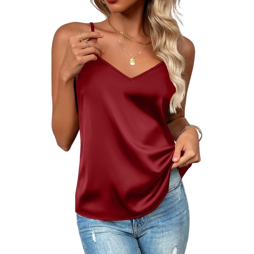 imageZeagoo Womens Silk Satin Tank Tops 2026 V Neck Adjustable Spaghetti Strap Sleeveless Camisole Summer Basic BlouseRed