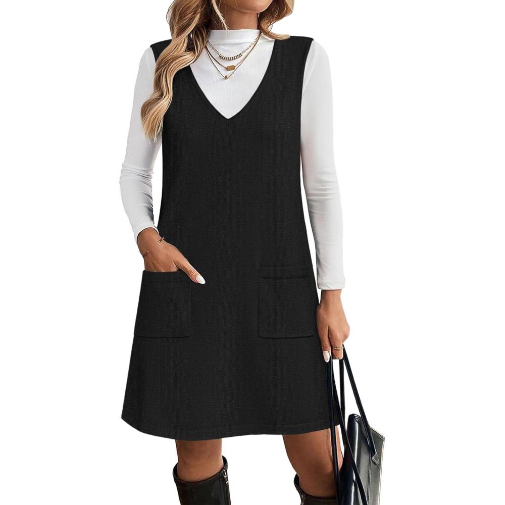 imageZeagoo Womens Sweater Vest Dresses for Women 2025 V Neck Sleeveless Knit Pullover Sweater with Pockets Fall Winter OutfitsBlack