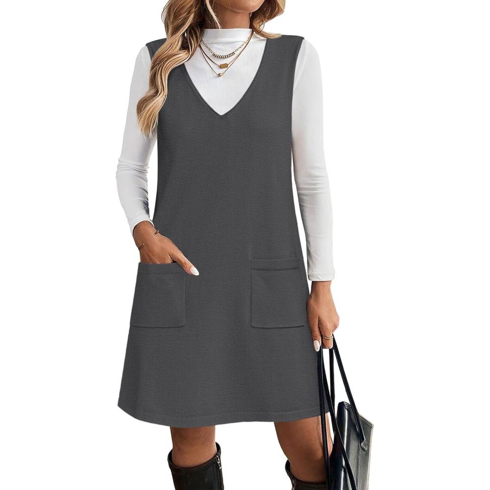 imageZeagoo Womens Sweater Vest Dresses for Women 2025 V Neck Sleeveless Knit Pullover Sweater with Pockets Fall Winter OutfitsDark Grey