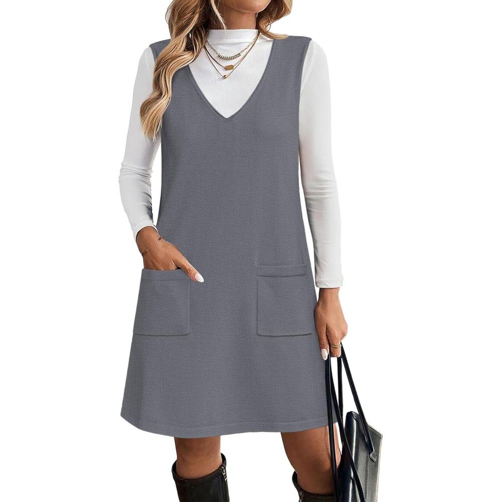 imageZeagoo Womens Sweater Vest Dresses for Women 2025 V Neck Sleeveless Knit Pullover Sweater with Pockets Fall Winter OutfitsGrey