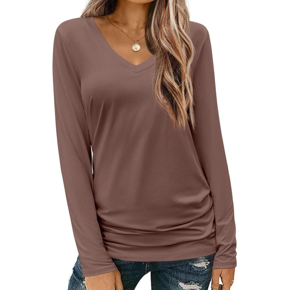 imageZeagoo Womens T Shirts Long Sleeve V Neck Basic Tee Casual Loose Fit Soft Fall Tops Outfits 2026 SXXLBrown
