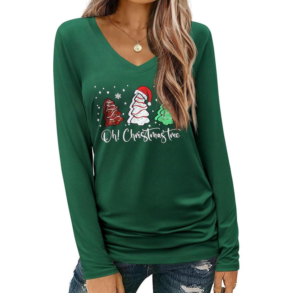 imageZeagoo Womens T Shirts Long Sleeve V Neck Basic Tee Casual Loose Fit Soft Fall Tops Outfits 2026 SXXLGreen Christmas