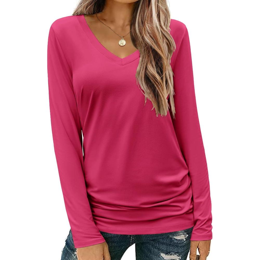 imageZeagoo Womens T Shirts Long Sleeve V Neck Basic Tee Casual Loose Fit Soft Fall Tops Outfits 2026 SXXLHot Pink