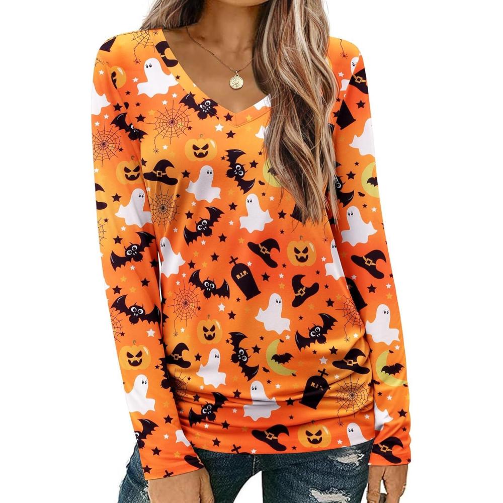 imageZeagoo Womens T Shirts Long Sleeve V Neck Basic Tee Casual Loose Fit Soft Fall Tops Outfits 2026 SXXLOrange Skeleton