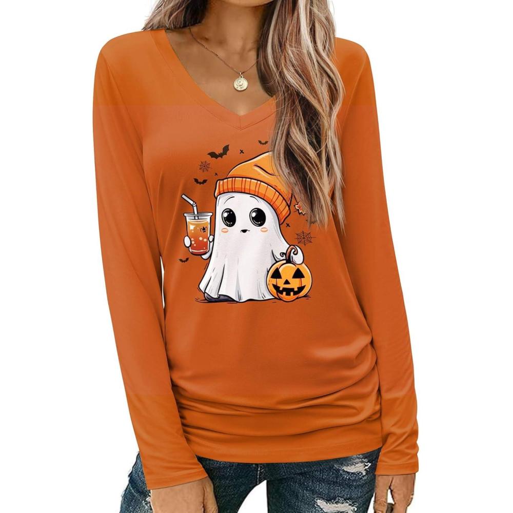 imageZeagoo Womens T Shirts Long Sleeve V Neck Basic Tee Casual Loose Fit Soft Fall Tops Outfits 2026 SXXLOrange Spooky