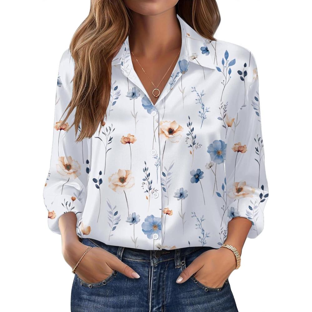 imageZeagoo Womens Tops Long Sleeve Satin Silk Button Down Shirts Casual Business Dressy Blouses Fall ClothesFloral White