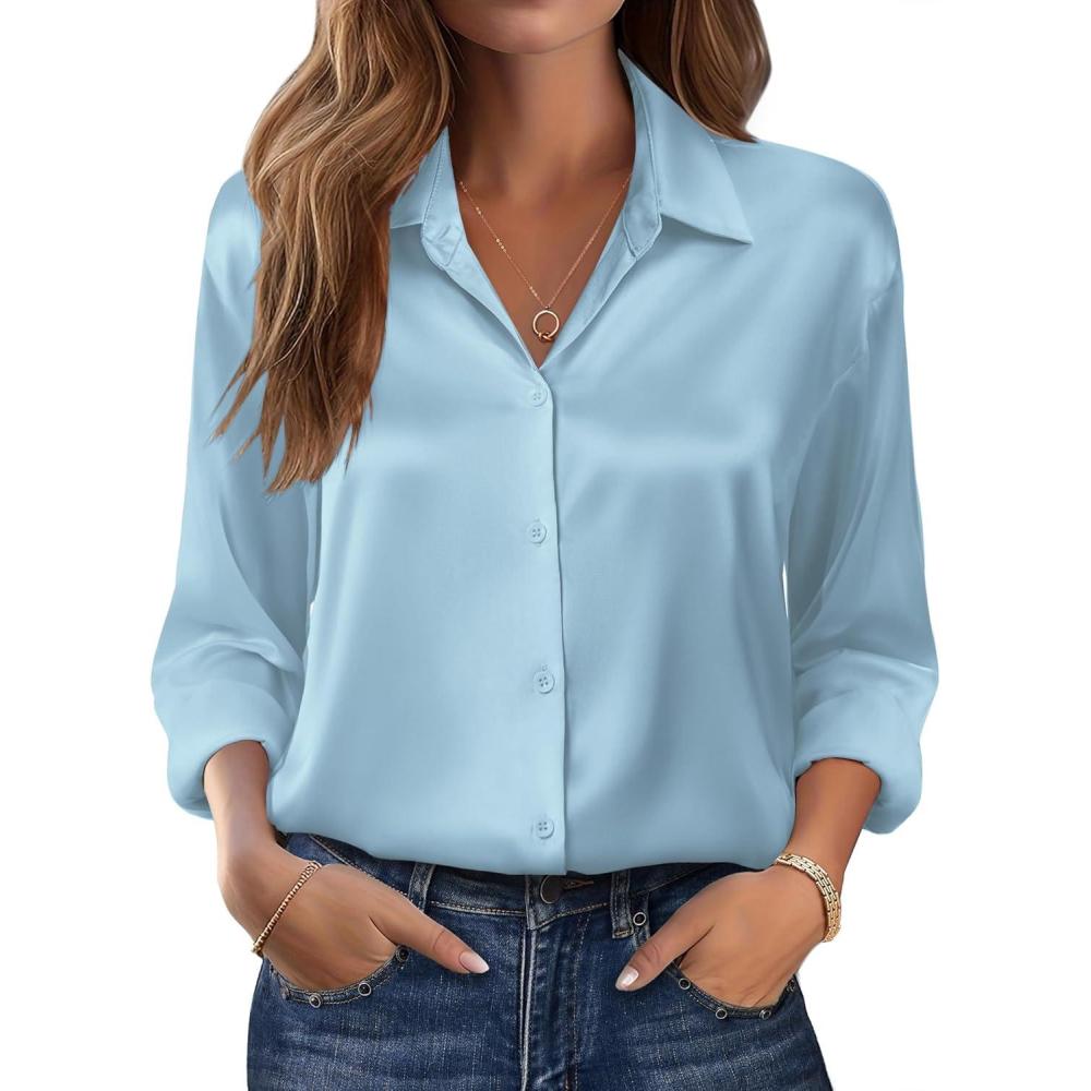imageZeagoo Womens Tops Long Sleeve Satin Silk Button Down Shirts Casual Business Dressy Blouses Fall ClothesLight Blue