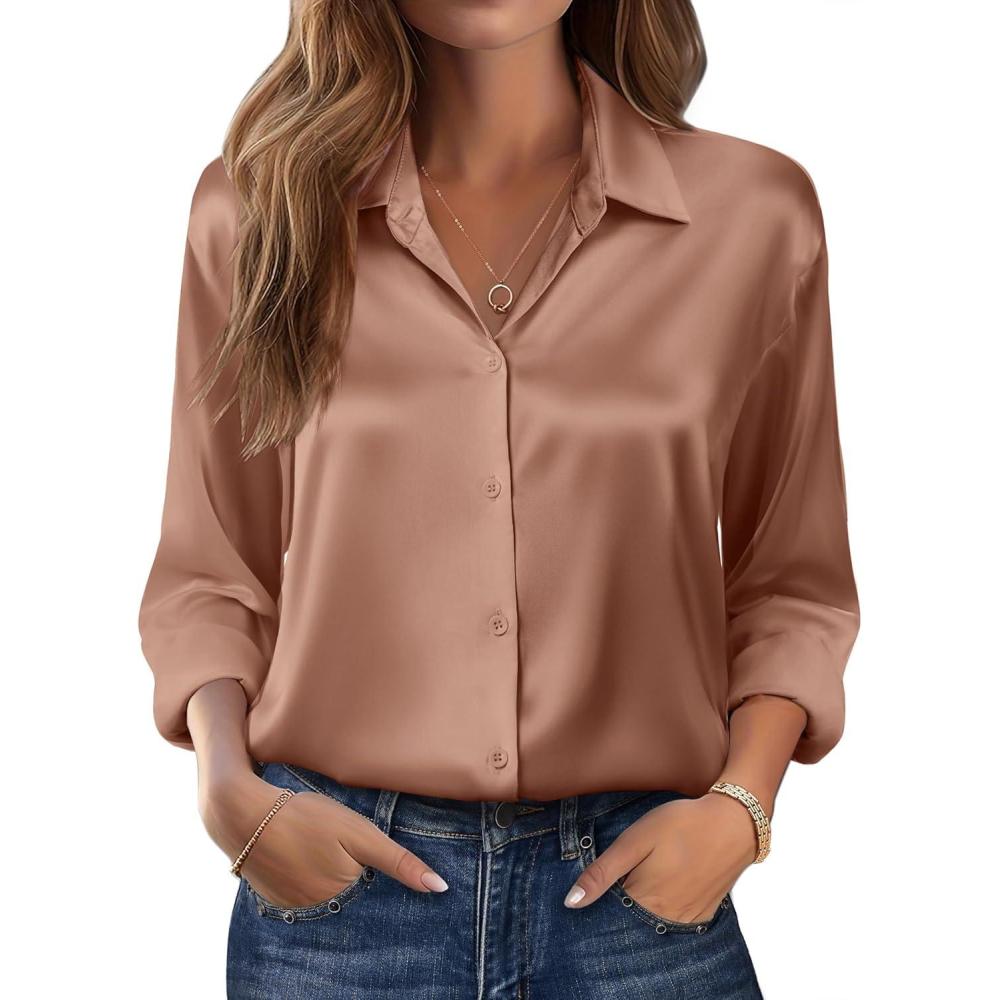 imageZeagoo Womens Tops Long Sleeve Satin Silk Button Down Shirts Casual Business Dressy Blouses Fall ClothesLight Coffee