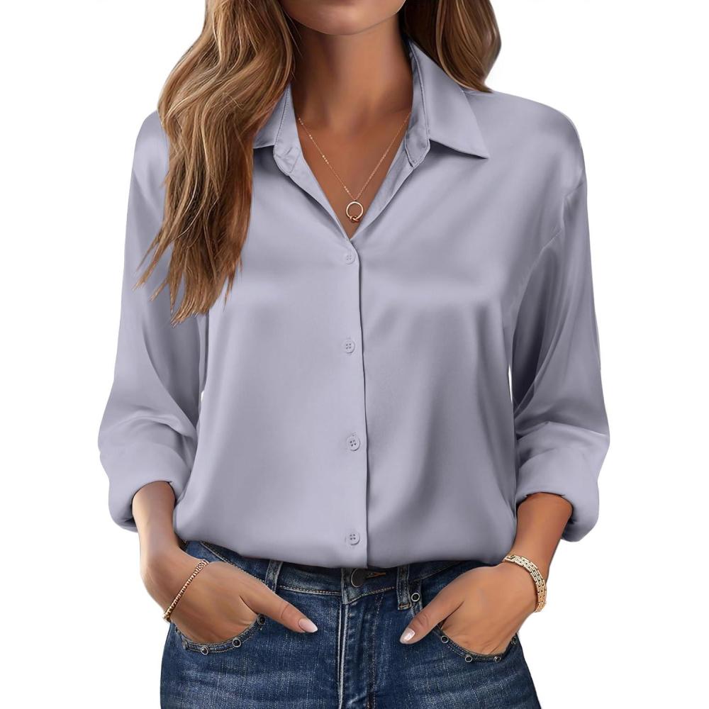 imageZeagoo Womens Tops Long Sleeve Satin Silk Button Down Shirts Casual Business Dressy Blouses Fall ClothesLight Grey