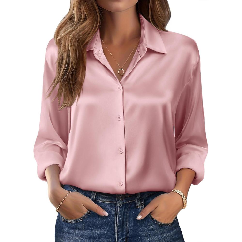 imageZeagoo Womens Tops Long Sleeve Satin Silk Button Down Shirts Casual Business Dressy Blouses Fall ClothesPink
