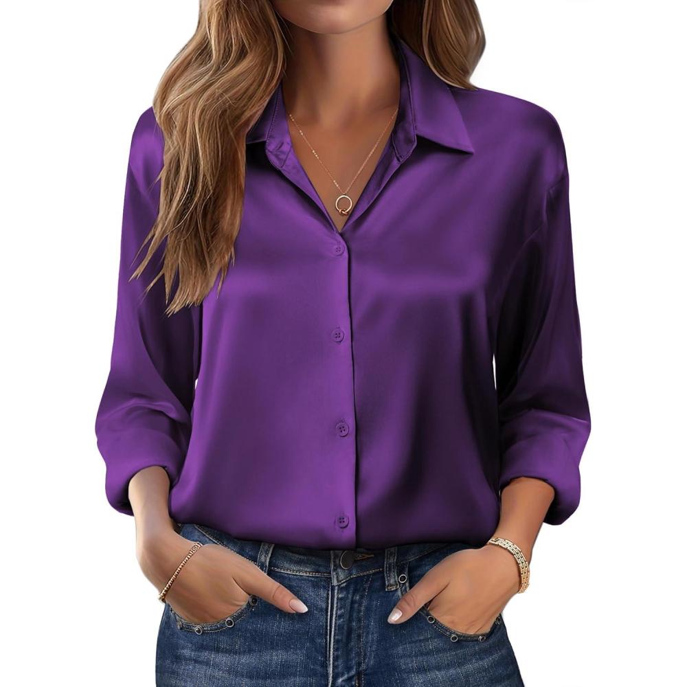 imageZeagoo Womens Tops Long Sleeve Satin Silk Button Down Shirts Casual Business Dressy Blouses Fall ClothesPurple