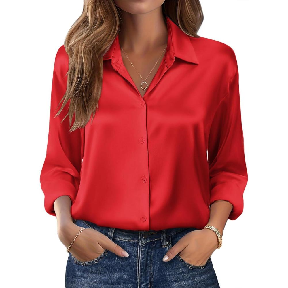 imageZeagoo Womens Tops Long Sleeve Satin Silk Button Down Shirts Casual Business Dressy Blouses Fall ClothesRed