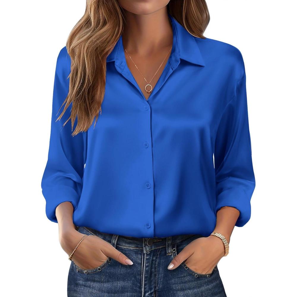 imageZeagoo Womens Tops Long Sleeve Satin Silk Button Down Shirts Casual Business Dressy Blouses Fall ClothesRoyal Blue