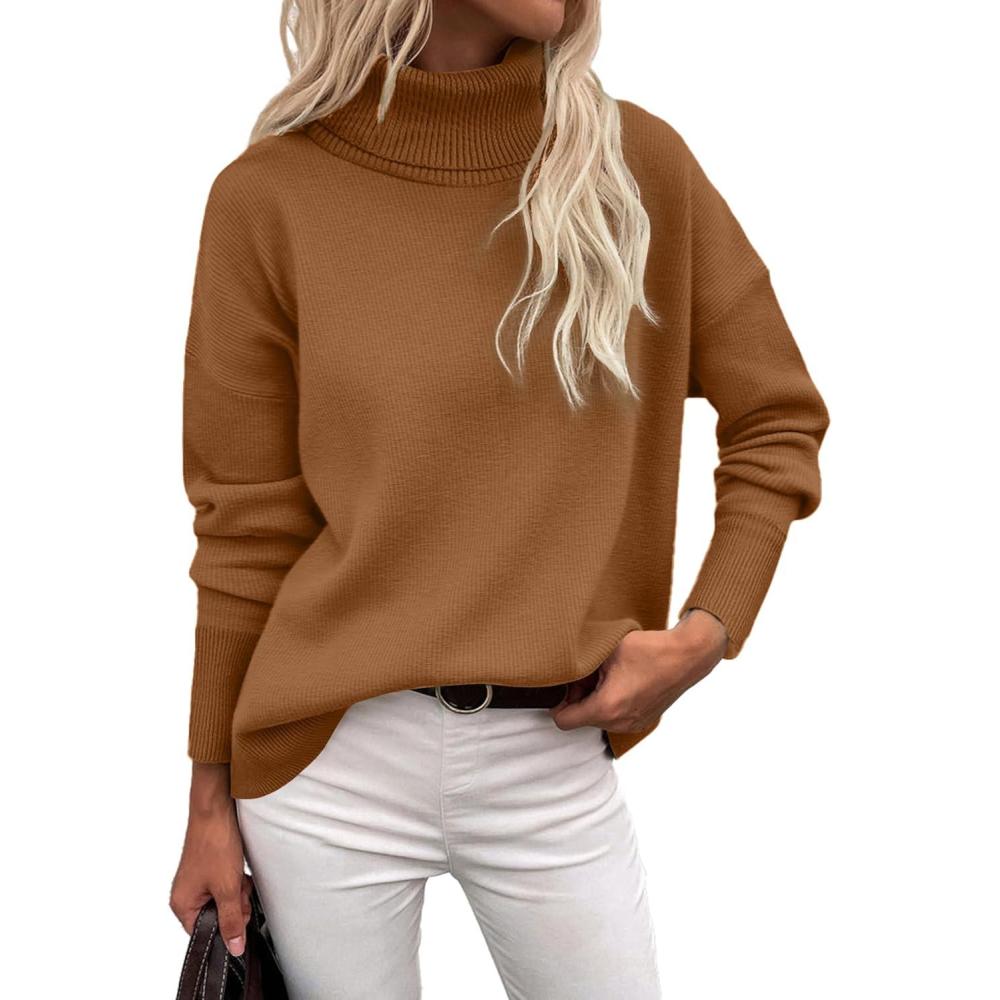 imageZeagoo Womens Turtleneck Sweater 2026 Fall Winter Chunky Knitted Pullover High Low Hem Trendy Basic Jumper TopBrown