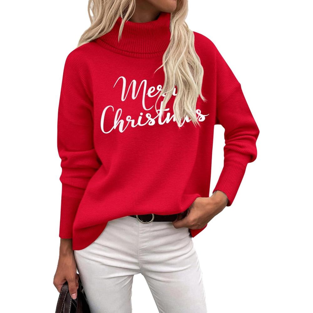 imageZeagoo Womens Turtleneck Sweater 2026 Fall Winter Chunky Knitted Pullover High Low Hem Trendy Basic Jumper TopChristmas Letter