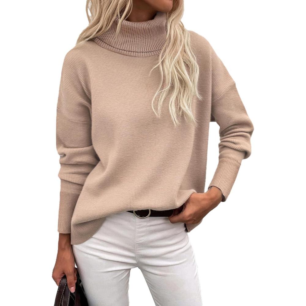 imageZeagoo Womens Turtleneck Sweater 2026 Fall Winter Chunky Knitted Pullover High Low Hem Trendy Basic Jumper TopKhaki