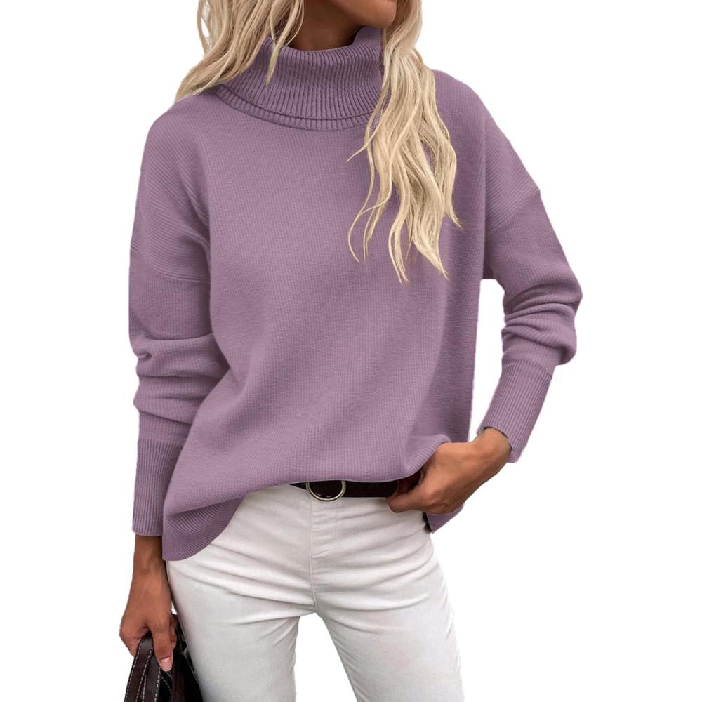 imageZeagoo Womens Turtleneck Sweater 2026 Fall Winter Chunky Knitted Pullover High Low Hem Trendy Basic Jumper TopLight Purple