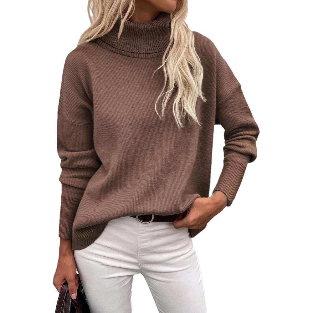 imageZeagoo Womens Turtleneck Sweater 2026 Fall Winter Chunky Knitted Pullover High Low Hem Trendy Basic Jumper TopNutmeg