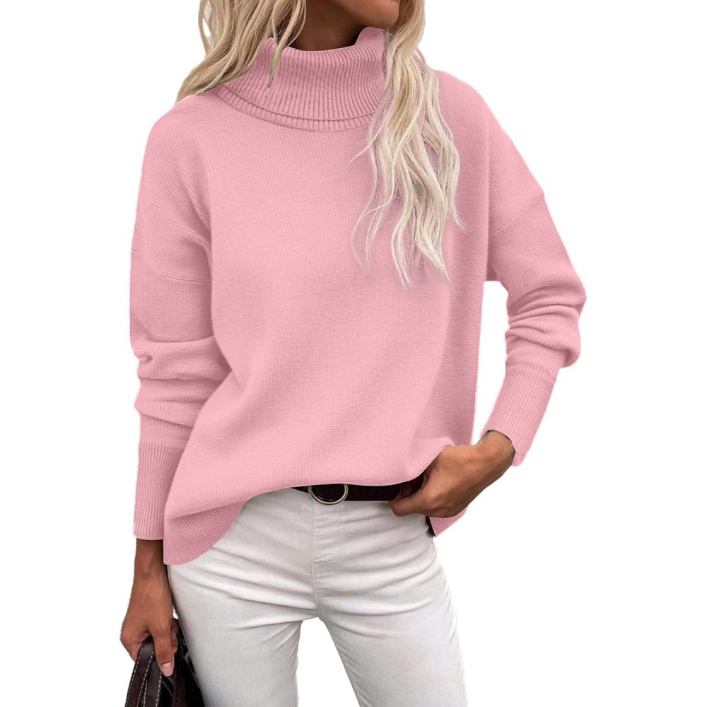 imageZeagoo Womens Turtleneck Sweater 2026 Fall Winter Chunky Knitted Pullover High Low Hem Trendy Basic Jumper TopPink