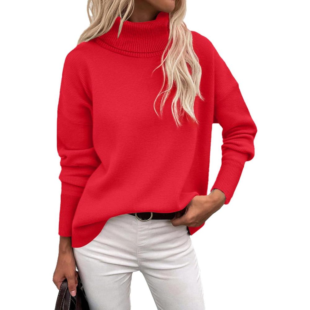 imageZeagoo Womens Turtleneck Sweater 2026 Fall Winter Chunky Knitted Pullover High Low Hem Trendy Basic Jumper TopRed